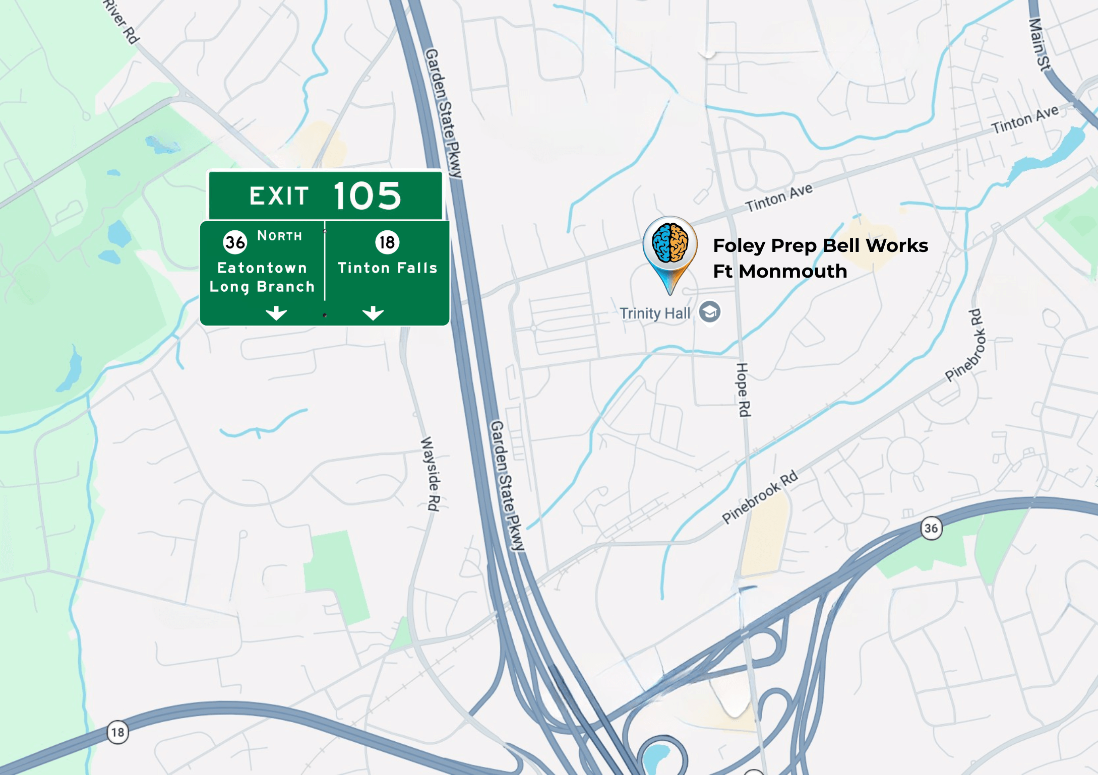 Map showing Foley Prep Bell Works Fort Monmouth near Exit 105 of the Garden State Parkway, next to Trinity Hall